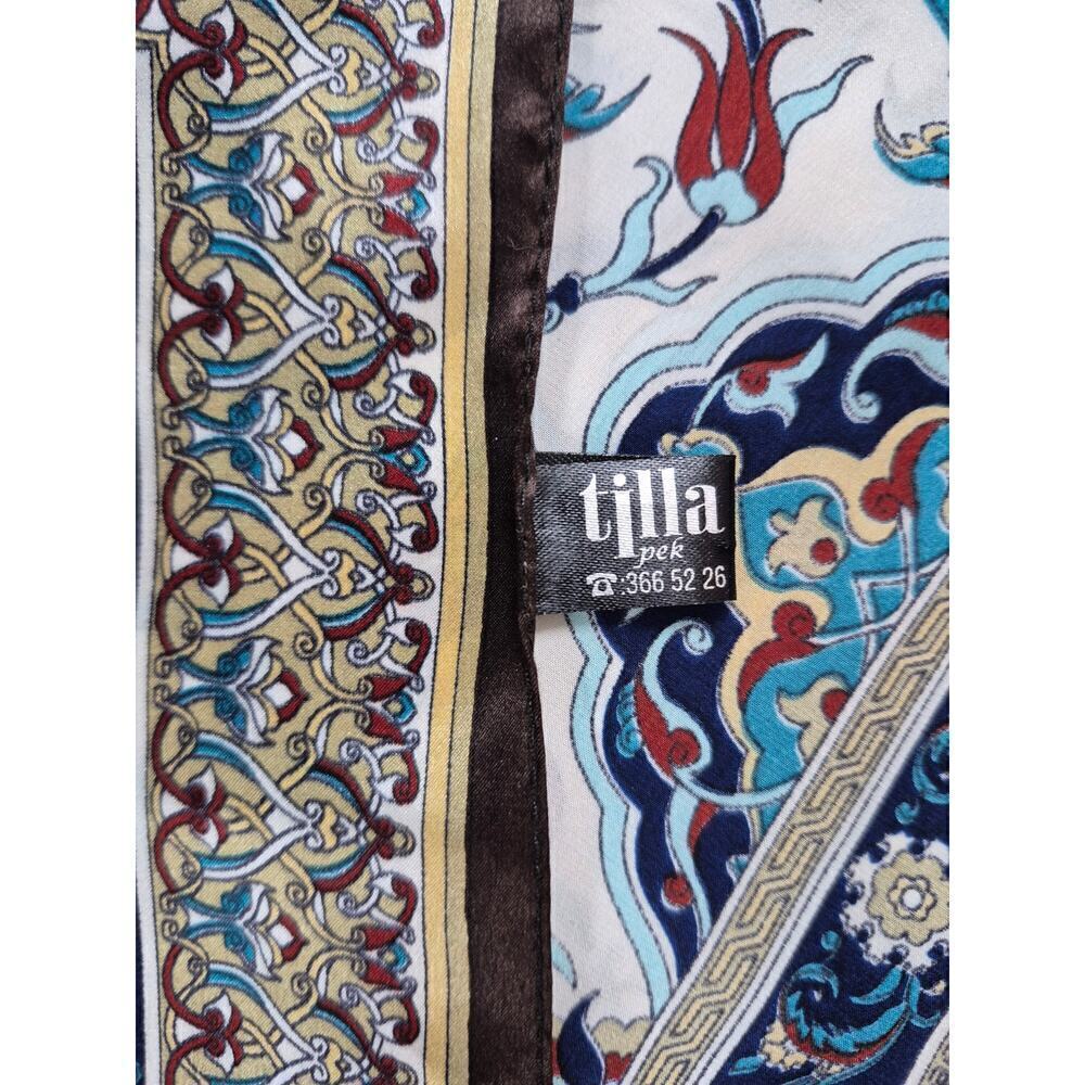 Tilla 100% Silk Scarf Rectangle In Turquoise Rust Floral Border Print